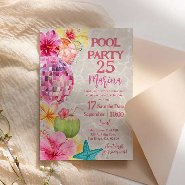 Sommar Disco Luau Poolparty Födelsedagsinbjudan Inbjudningar (Summer Disco Luau Pool Party Birthday Invitation)