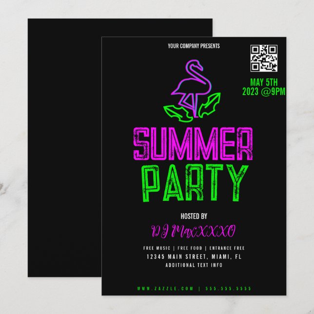 Sommar-DJ-natthändelse Party Pub Klubb Flyer Inbjudningar (Fram/baksida)