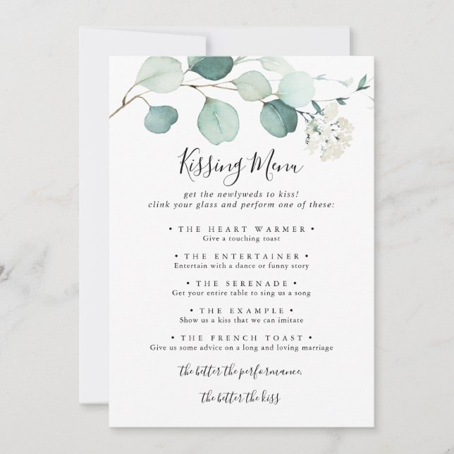 Sommar Eucalyptus Bröllop Kissing Menu-spelkort (Framsida)