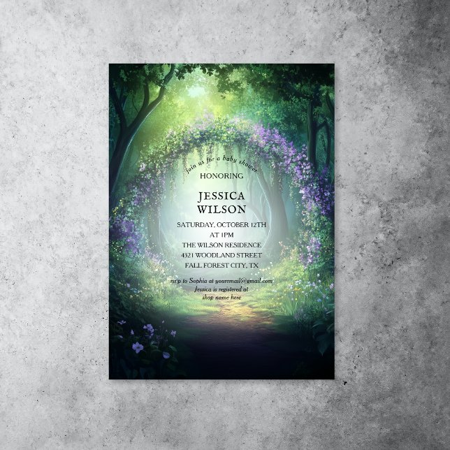 Sommar Fairy Tale Enchanted Forest Baby Shower Inbjudningar (enchanted woods with purple flowers)