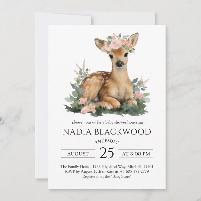 Sommar Fawn Watercolor Baby Shower Inbjudningar (Framsida)