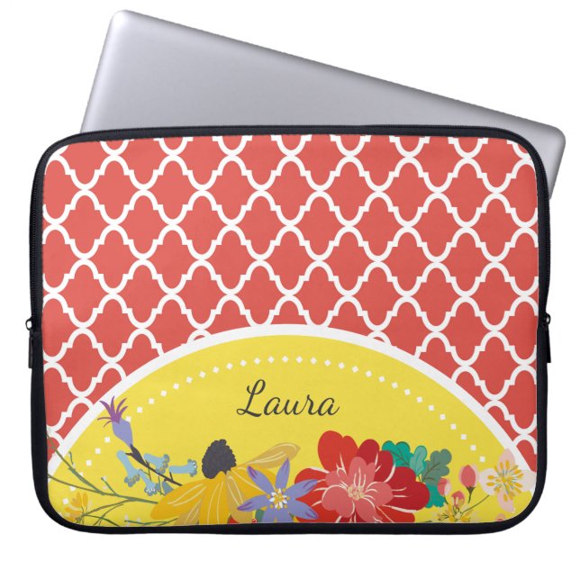 Sommar Fiesta Red Blommigt Quatrefoil med Namn Laptop Sleeve (Framsidan)