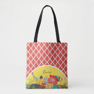 Sommar Fiesta Red Blommigt Quatrefoil med Namn Tygkasse