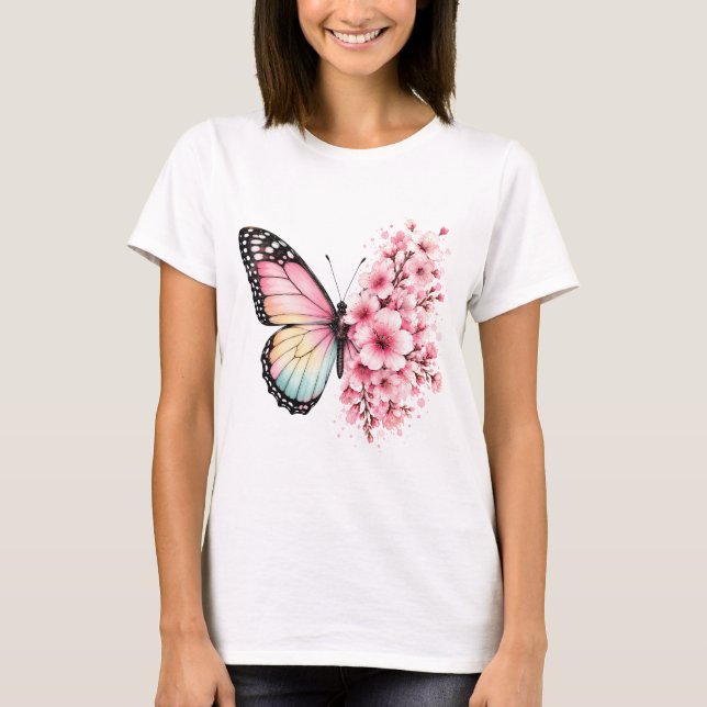 Sommar Fjäril Blommor Akvarell Blommig Design T Shirt (Framsida)