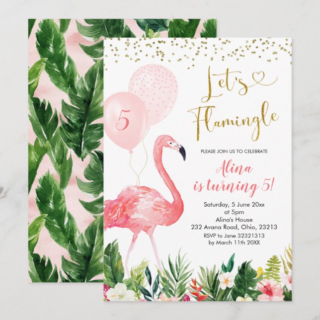 Sommar Flamingo Balloon Birthday-inbjudan Inbjudningar (Fram/baksida)