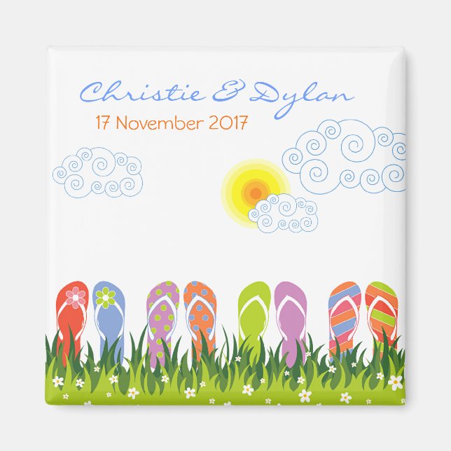 Sommar-Flinflip flops-Roligten i Sol sparar datume Magnet (Framsidan)