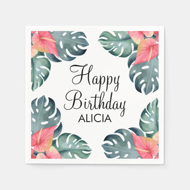 Sommar Flora Anthurium & Monstera Birthday Pappersservett (Framsidan)