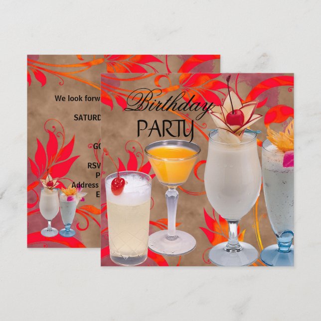 Sommar Födelsedagsfest Cocktail Tropical Inbjudningar (Fram/baksida)