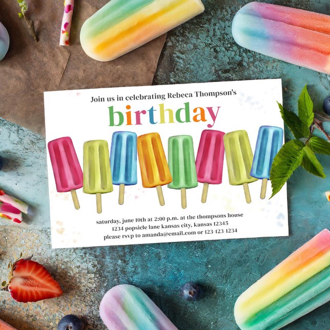 Sommar Födelsedagsfest Cute Popsicles Inbjudningar (Birthday Popsicle invitation with colorful rainbow popsicles. )