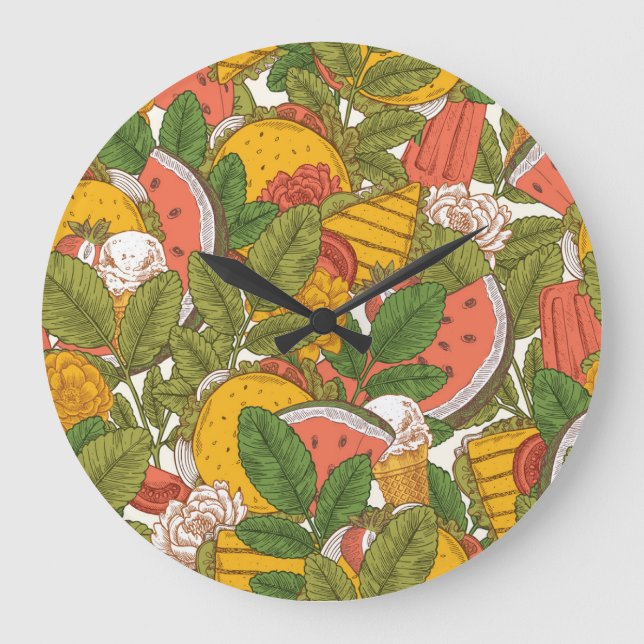 Sommar Food Vintage Illustration Mönster Stor Klocka (Framsida)
