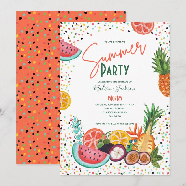 Sommar Frukt Födelsedagsfest Vattenmelon & Citrus Inbjudningar (Fram/baksida)