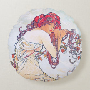 Sommar (fyra sjöar), Alphonse Mucha Dekorativ kud Rund Kudde