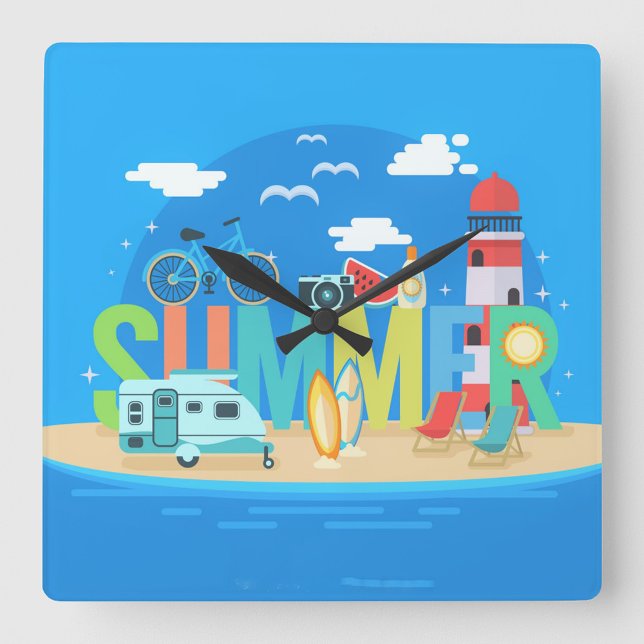 Sommar Fyrkantig Klocka (The scene includes a sandy beach!)