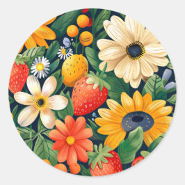 Sommar Garden Flowers Strawberry Mönster Runt Klistermärke