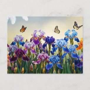 Sommar Garden med Iris Flowers och Butterflies Vykort