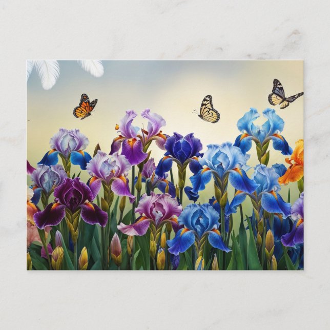 Sommar Garden med Iris Flowers och Butterflies Vykort (Framsida)