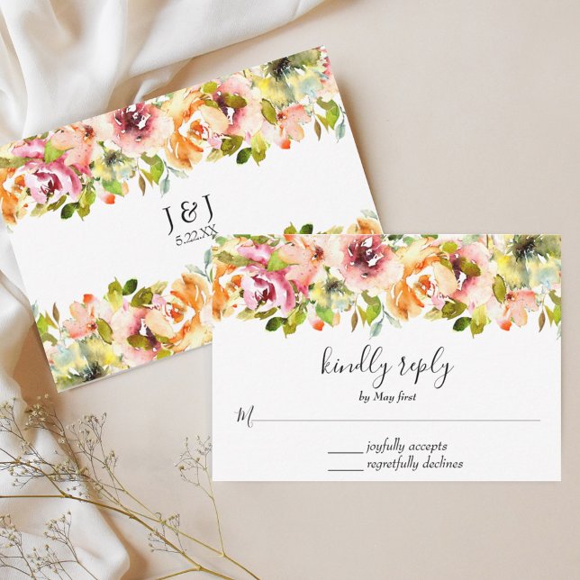 Sommar Garden Watercolor Blommigt Bröllop OSA Card (Summer Garden Watercolor Floral Wedding RSVP Card)