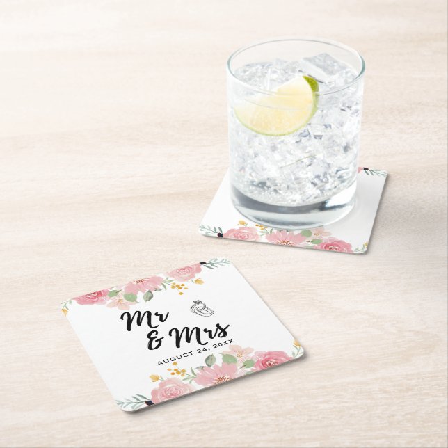 Sommar Garden Watercolor Blommigt Bröllop Underlägg Papper Kvadrat (Insitu)