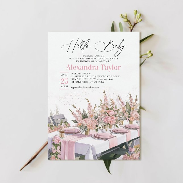 Sommar Garden Watercolor Elegant Flicka Shower Inbjudningar (garden party baby shower invitation summer watercolor painted pink girl modern elegant classy chic)