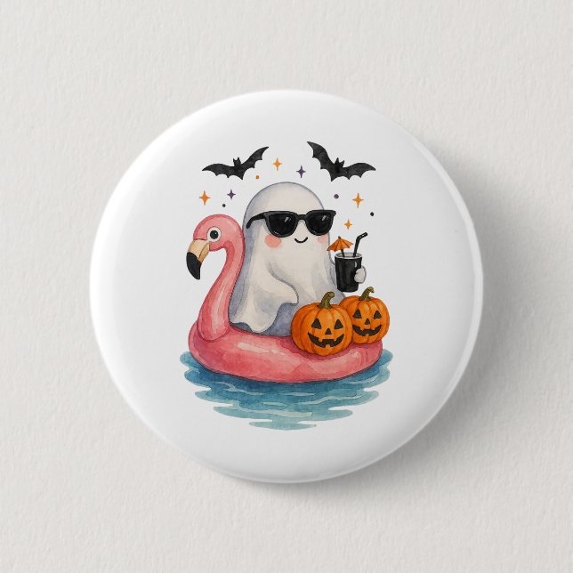 Sommar Ghost Watercolor Cute Ghost med Flamingo F Knapp (Framsida)