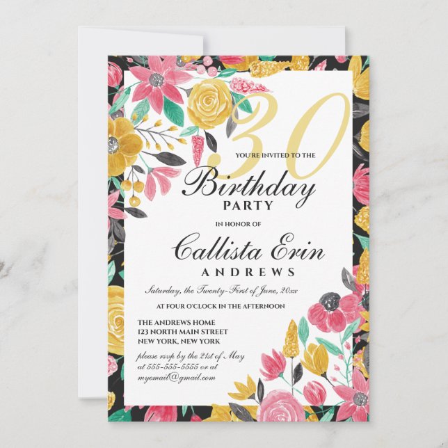 Sommar Golden Rosa Blommigt Watercolor Birthday Inbjudningar (Framsida)