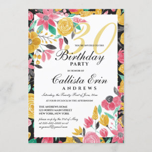 Sommar Golden Rosa Blommigt Watercolor Birthday Inbjudningar