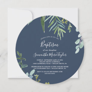 Sommar Greenery Navy Round Baptism Inbjudningar