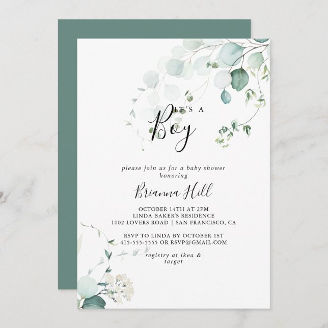 Sommar Grönt Eucalyptus Det är en pojkvän-babyskor Inbjudningar (Fram/baksida)