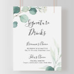 Sommar Grönt Eucalyptus Namnteckning Drinks-tecken Poster<br><div class="desc">I somras är gröntens eucalyptus-namnteckning dryckesskylt perfekt för ett modernt bröllop. Utformningen har vackra,  handmålade vattenfärgade löv av grönten eukalyptus,  inspirerande naturcharm. Anpassa tecknet med namn på bruden och trippen och deras favoritdryckval.</div>