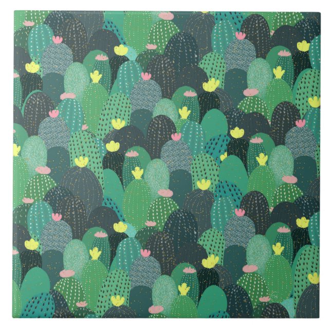 Sommar Grönt Teal Cactus Guld dots Cute Design Kakelplatta (Framsidan)