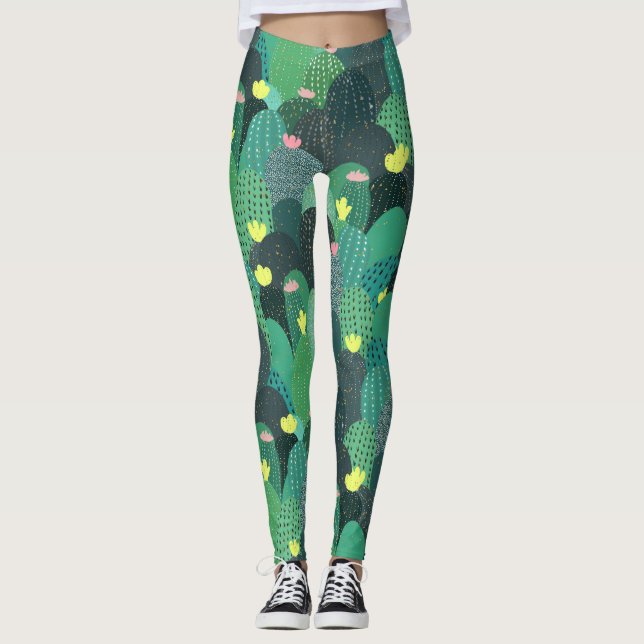 Sommar Grönt Teal Cactus Guld dots Cute Design Leggings (Framsida)