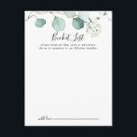 Sommar-Grönten Eucalyptus Bröllop Bucket List Card Vykort<br><div class="desc">Dessa jaktkort för eucalyptus bröllop-bucket på sommartid är perfekten för en modern bröllopsmottagning eller möhippa. Utformningen har vackra,  handmålade vattenfärgade löv av grönten eukalyptus,  inspirerande naturcharm. Ändra ordalydelsen till kostym vid alla livshändelser. Bucketlistskylten säljs separat.</div>