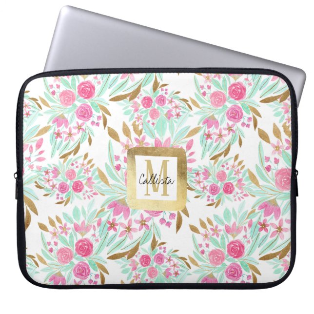 Sommar Guld Rosa Teal Watercolor Flowers Mönster Laptop Fodral (Framsidan)
