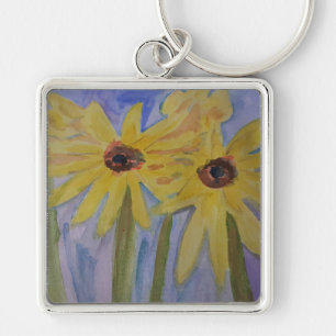 Sommar-Gult Solblommor Premium-Nyckelring Fyrkantig Silverfärgad Nyckelring