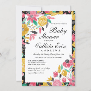 Sommar Gylden Rosa Blommig Akvarell Baby Shower Inbjudningar