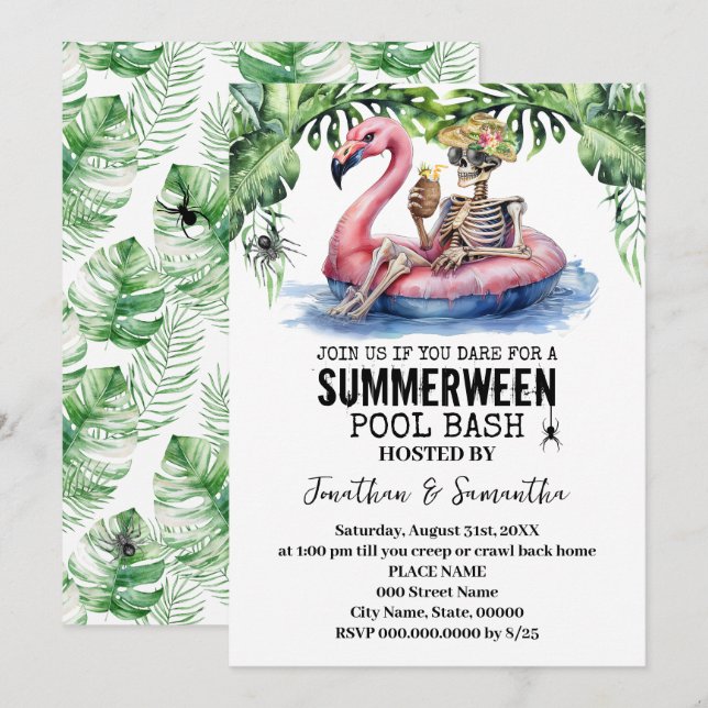 Sommar Halloween Tropical Skeleton Pool Party Inbjudningar (Fram/baksida)