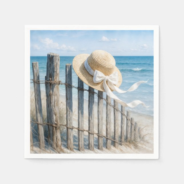 Sommar halmhatt på staket på stranden pappersservett (Framsidan)