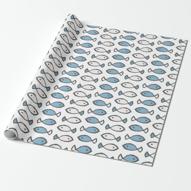Sommar hav blå vita fiskar mönster presentpapper (Utrullad)