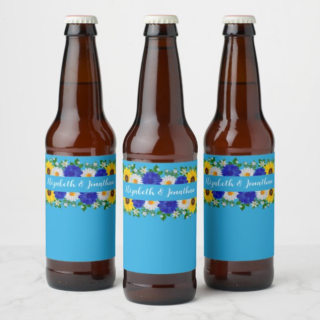 Sommar Himlar Blue Blommigt Bröllop Ölflaska Etikett (Flaskor)