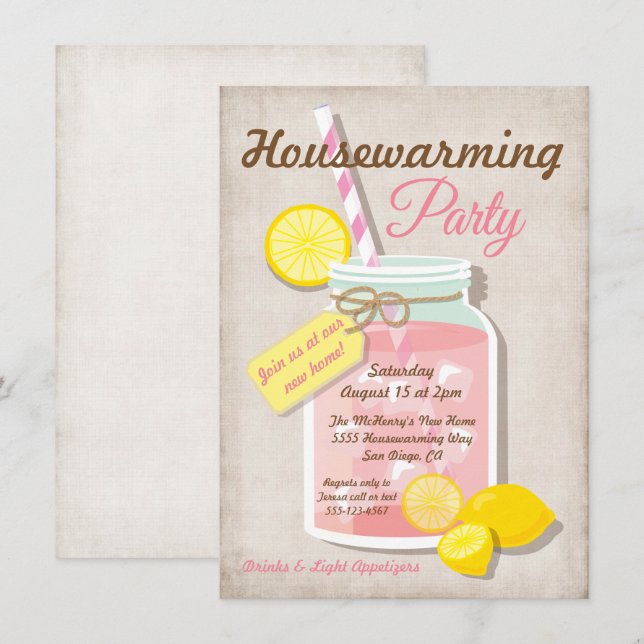 Sommar Houseuppvärmmason Burk Lemonade Party Inbjudningar (Fram/baksida)