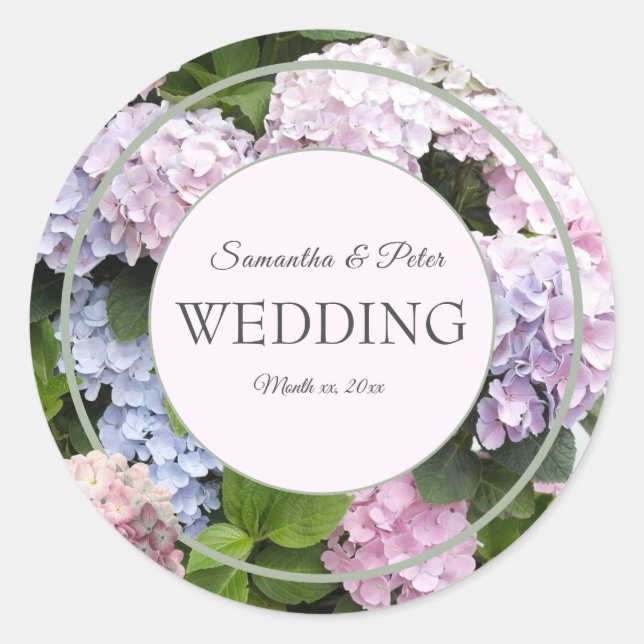 Sommar Hydrangea-Blommar, Rosa, Grönt, Bröllop Runt Klistermärke (Framsida)