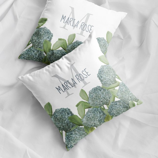 Sommar Hydrangea Flowers Chic Elegant Kudde (Blue hydrangea floral monogram pillow with personalized name botanical home decor accent.)