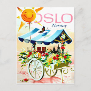 Sommar i Oslo, Norge. Blomsterkärra och glad sol Vykort