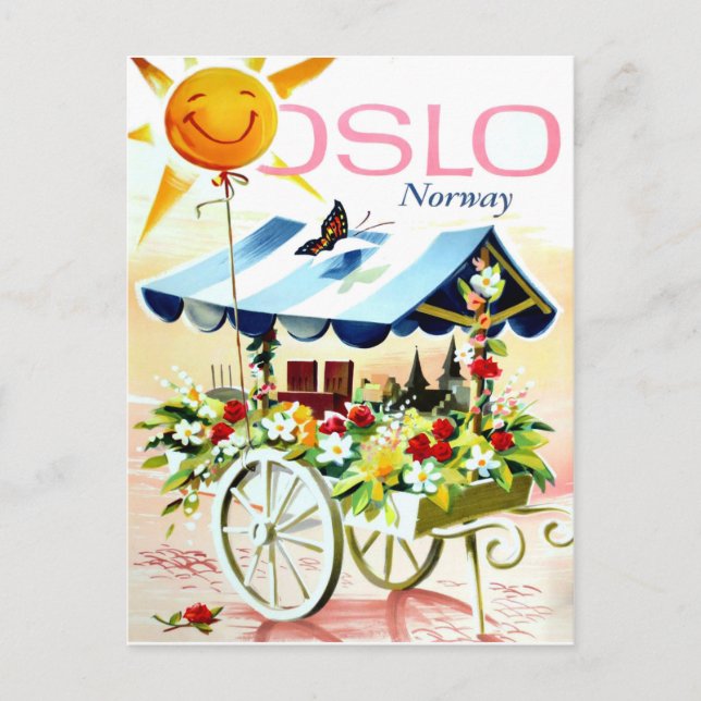 Sommar i Oslo, Norge. Blomsterkärra och glad sol Vykort (Framsida)