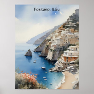 Sommar i Positano Italien Vattenfärg Illustration Poster