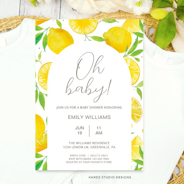 Sommar - inbjudan till babybabykläder för vattenfä (This Lemon Baby Shower Invitation is shown in size 5 x 7 in. Other sizes and digital available.)
