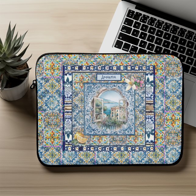 sommar italiensk blomster blå plattor citrus monog laptop fodral (Skapare uppladdad)