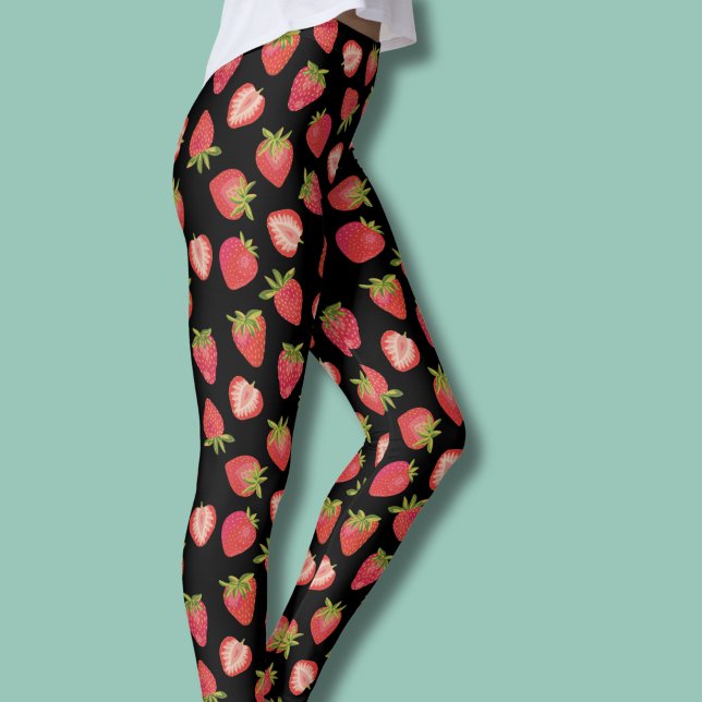 Sommar Jordgubb Mönster Leggings (Strawberry pattern leggings on black background)