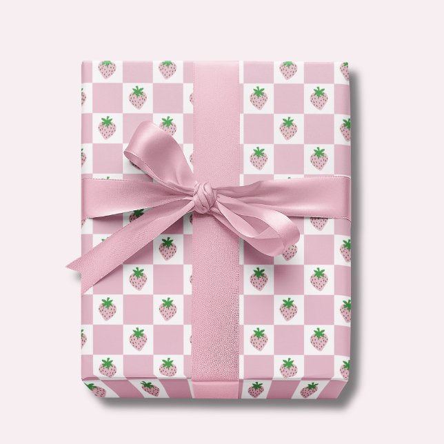 Sommar Jordgubbs Rosa Rutig Presentpapper (Pink strawberry checkerboard wrapping paper. Ideal for girls birthday gifts and baby showers.)