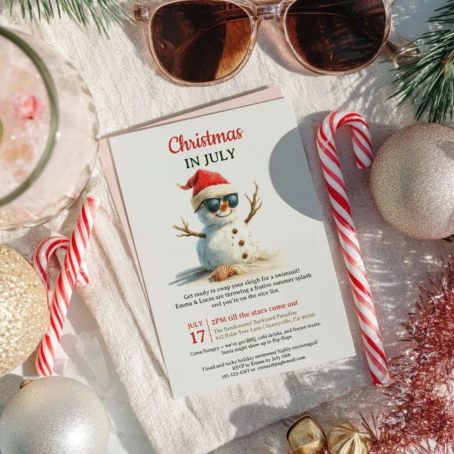 Sommar-julen i juli Snögubbe Sunglass Inbjudningar (Summer Funny Christmas in July Snowman Sunglasses Invitation)